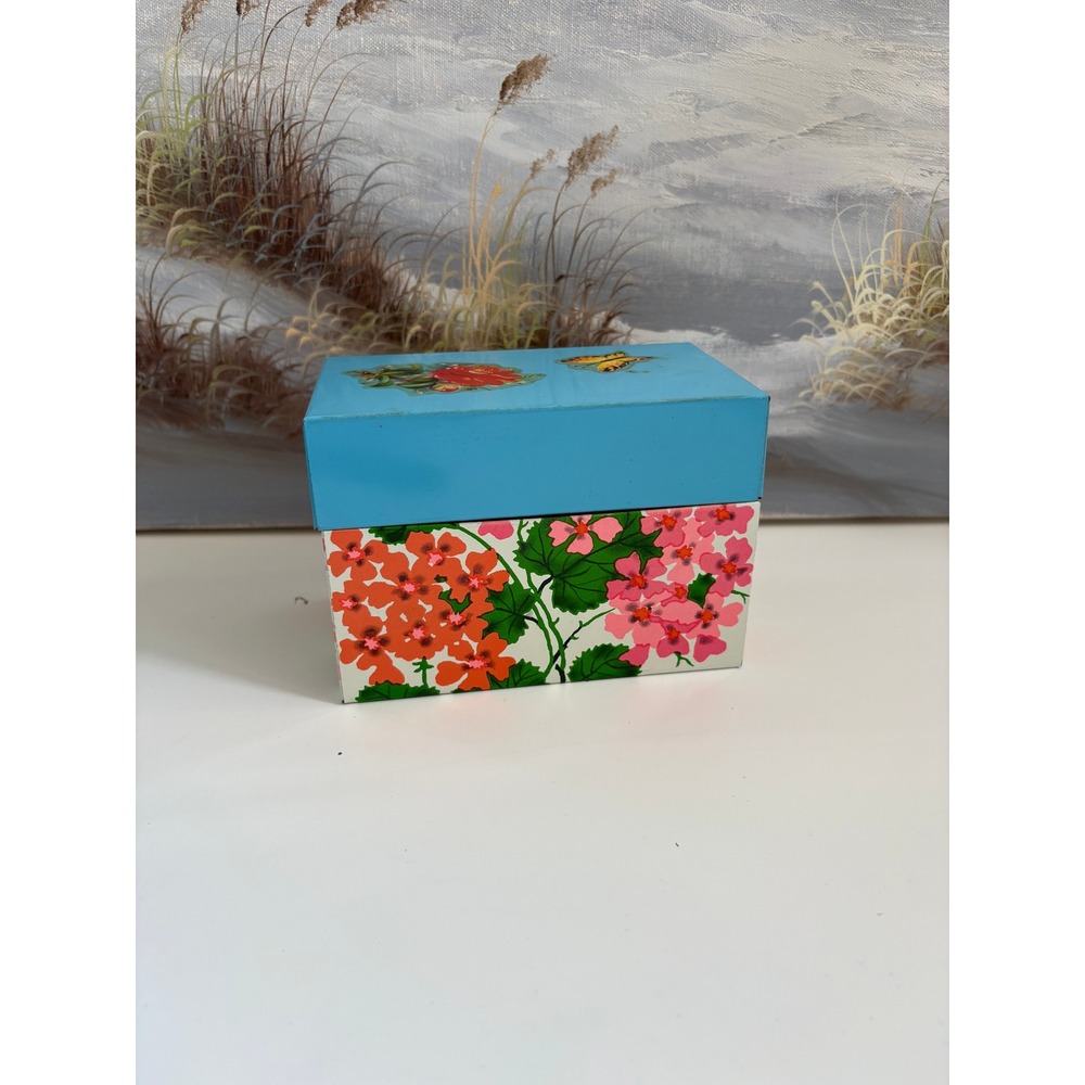 Vintage Ohio Art Floral Metal Tin Blue Lid Geranium Butterfly Storage Box